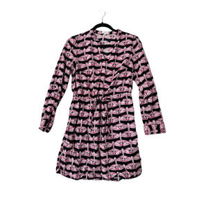 CROWN & IVY Dragonfly Dress Drawstring Waist Long Sleeve Blue/Pink Womens Size 4